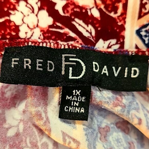 Fred David Purple, Pink, Navy Print Peasant Top with Tie at Neckline, Size 1X - Picture 8 of 9